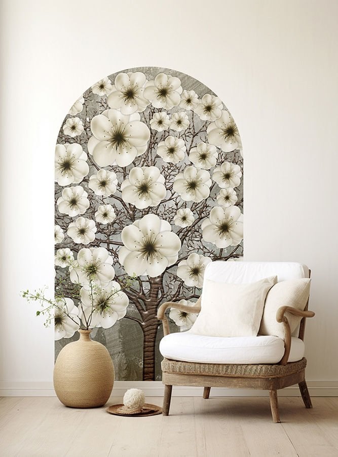 Kendinden Yapışkanlı Oval Kesim  3D Beyaz Çiçekli Ağaç Duvar Kağıdı Stickeri