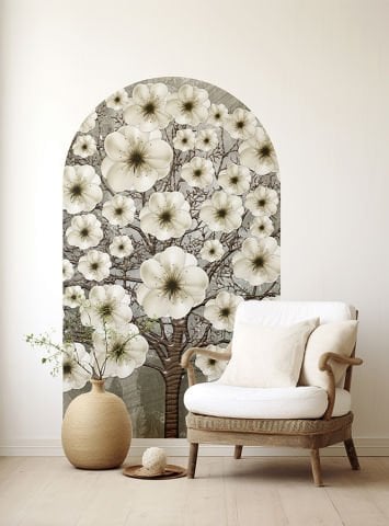 Kendinden Yapışkanlı Oval Kesim  3D Beyaz Çiçekli Ağaç Duvar Kağıdı Stickeri