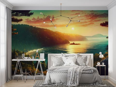 Deniz ve Orman Manzaralı Gün Batımı Çalışma Odası Duvar Kağıdı