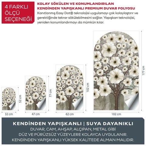 Kendinden Yapışkanlı Oval Kesim  3D Beyaz Çiçekli Ağaç Duvar Kağıdı Stickeri 60x100cm