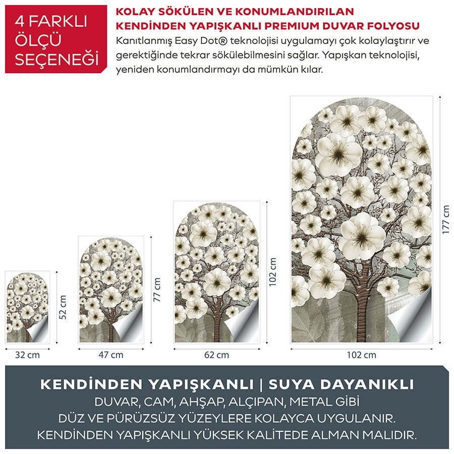 Kendinden Yapışkanlı Oval Kesim  3D Beyaz Çiçekli Ağaç Duvar Kağıdı Stickeri 45x75cm