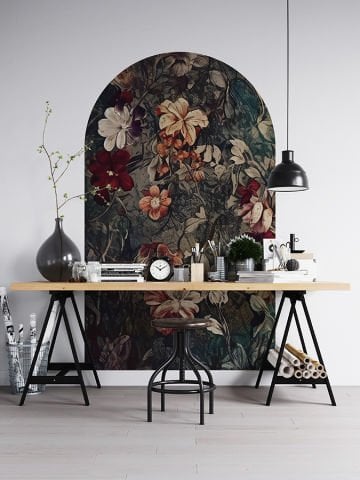 Kendinden Yapışkanlı Oval Kesim Nostaljik Vintage Çiçekler Duvar Kağıdı Stickeri