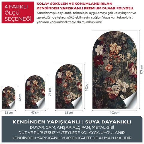 Kendinden Yapışkanlı Oval Kesim Nostaljik Vintage Çiçekler Duvar Kağıdı Stickeri 30x50cm