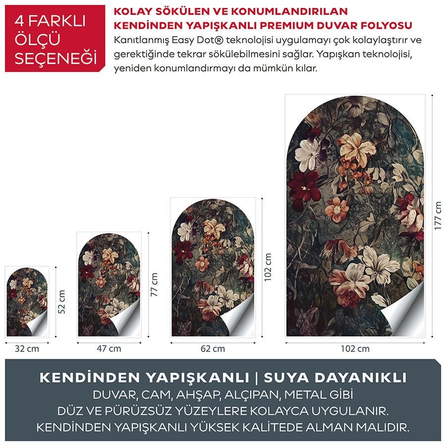 Kendinden Yapışkanlı Oval Kesim Nostaljik Vintage Çiçekler Duvar Kağıdı Stickeri 45x75cm