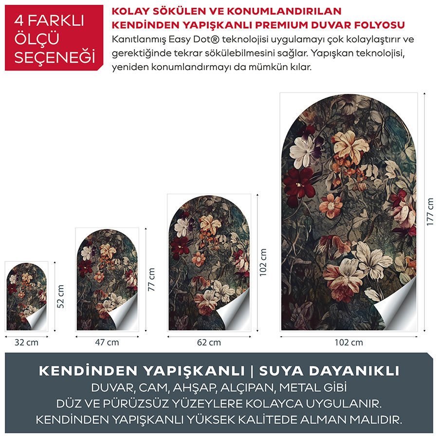 Kendinden Yapışkanlı Oval Kesim Nostaljik Vintage Çiçekler Duvar Kağıdı Stickeri 100x175cm