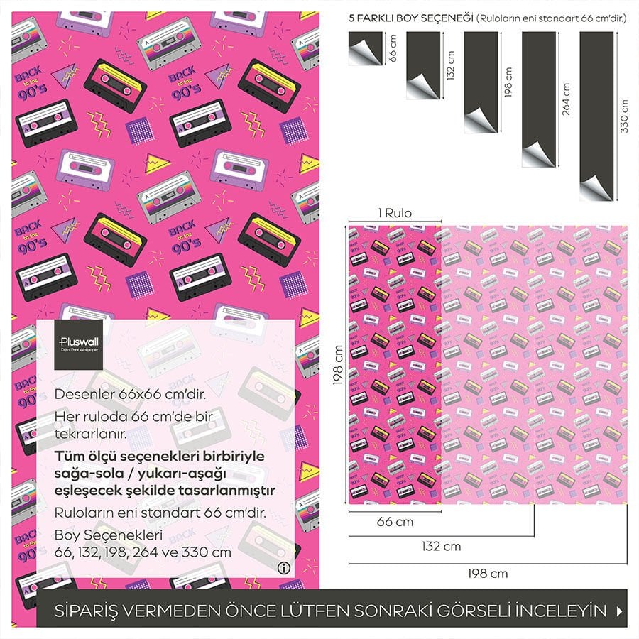 90'lar Tarzı Nostalji Kendinden Yapışkanlı Duvar Kağıdı, Retro Ses Kasetleri Duvar Kağıdı
