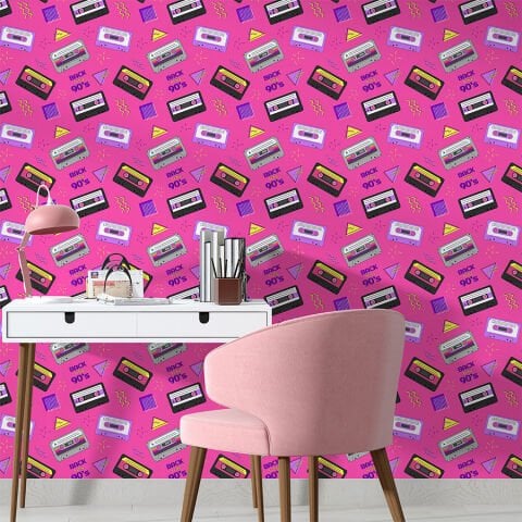 90'lar Tarzı Nostalji Kendinden Yapışkanlı Duvar Kağıdı, Retro Ses Kasetleri Duvar Kağıdı