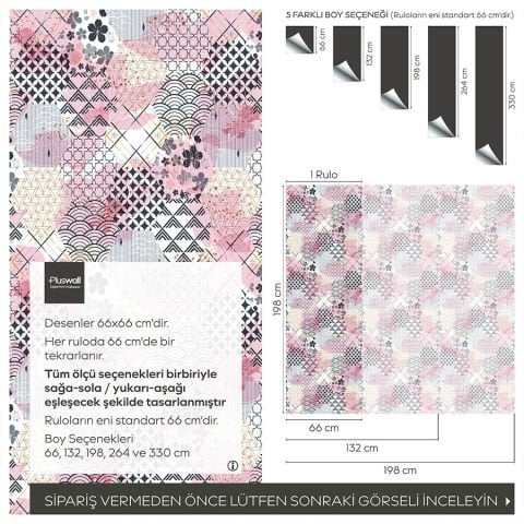Japon Tarzı Geometrik Desenli Kendinden Yapışkanlı Duvar Kağıdı, Pembe Tonlarda Duvar Kağıdı