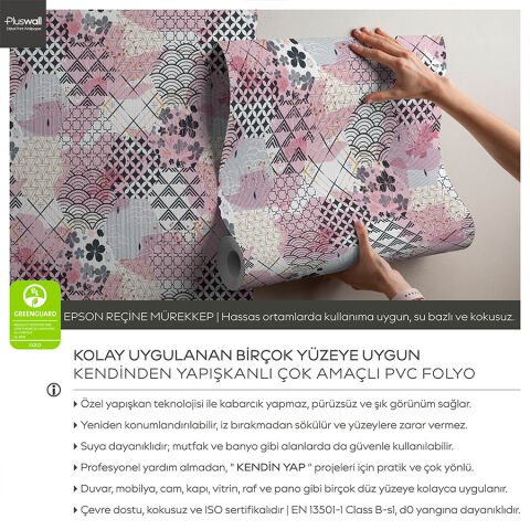 Japon Tarzı Geometrik Desenli Kendinden Yapışkanlı Duvar Kağıdı, Pembe Tonlarda Duvar Kağıdı