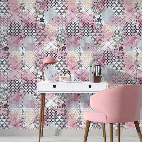 Japon Tarzı Geometrik Desenli Kendinden Yapışkanlı Duvar Kağıdı, Pembe Tonlarda Duvar Kağıdı