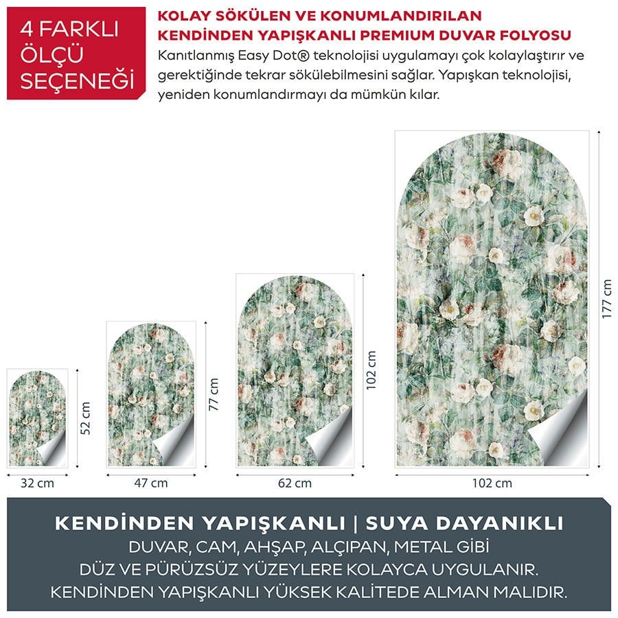 Kendinden Yapışkanlı Oval Kesim Vintage Yaprak ve Çiçek Desenli Duvar Kağıdı Stickeri 30x50cm
