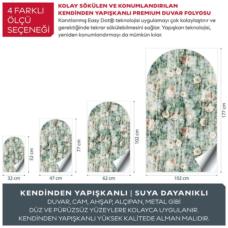 Kendinden Yapışkanlı Oval Kesim Vintage Yaprak ve Çiçek Desenli Duvar Kağıdı Stickeri 45x75cm