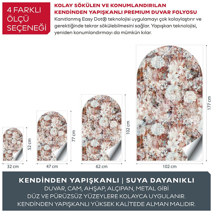 Kendinden Yapışkanlı Oval Kesim Rustik Çiçek Desenli Duvar Kağıdı Stickeri 45x75cm