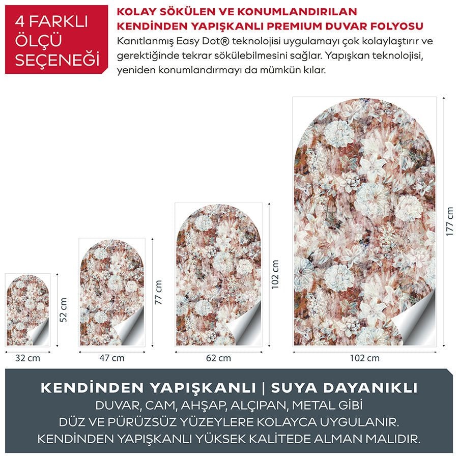 Kendinden Yapışkanlı Oval Kesim Rustik Çiçek Desenli Duvar Kağıdı Stickeri 100x175cm