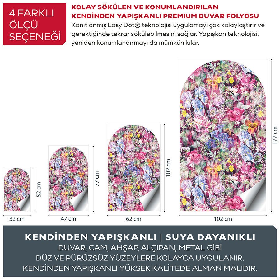Kendinden Yapışkanlı Oval Kesim Pembe Çiçekler Duvar Kağıdı Stickeri 60x100cm