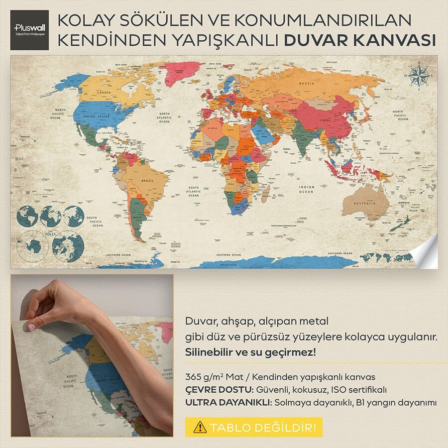 Güncel, Detaylı ve Anlaşılır Siyasi Dünya Haritası, Kendinden Yapışkanlı Kalın Kanvas Duvar Dekoru
