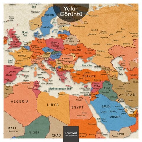 Güncel, Detaylı ve Anlaşılır Siyasi Dünya Haritası, Kendinden Yapışkanlı Kalın Kanvas Duvar Dekoru