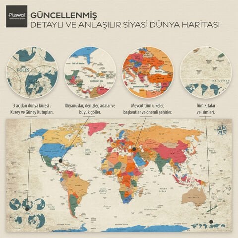 Güncel, Detaylı ve Anlaşılır Siyasi Dünya Haritası, Kendinden Yapışkanlı Kalın Kanvas Duvar Dekoru