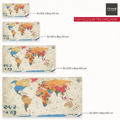 Güncel, Detaylı ve Anlaşılır Siyasi Dünya Haritası, Kendinden Yapışkanlı Kalın Kanvas Duvar Dekoru