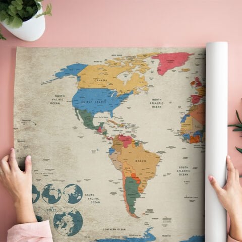 Güncel, Detaylı ve Anlaşılır Siyasi Dünya Haritası, Kendinden Yapışkanlı Kalın Kanvas Duvar Dekoru