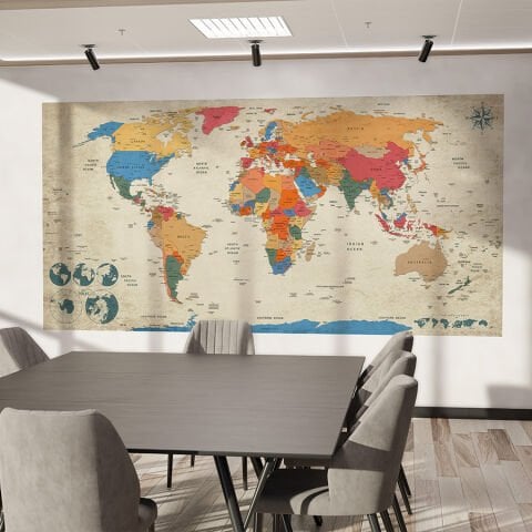 Güncel, Detaylı ve Anlaşılır Siyasi Dünya Haritası, Kendinden Yapışkanlı Kalın Kanvas Duvar Dekoru