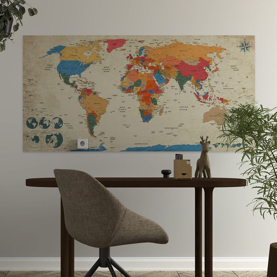 Güncel, Detaylı ve Anlaşılır Siyasi Dünya Haritası, Kendinden Yapışkanlı Kalın Kanvas Duvar Dekoru