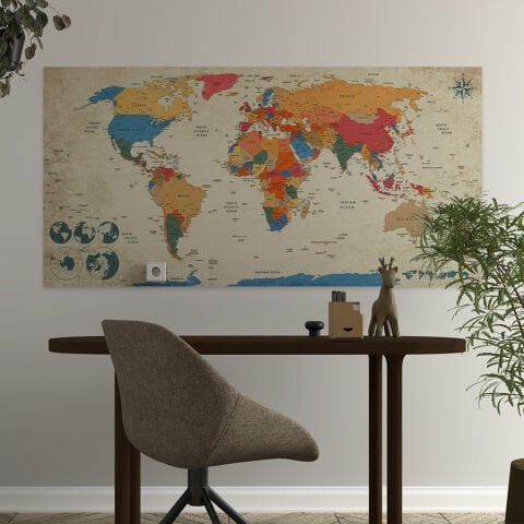 Güncel, Detaylı ve Anlaşılır Siyasi Dünya Haritası, Kendinden Yapışkanlı Kalın Kanvas Duvar Dekoru