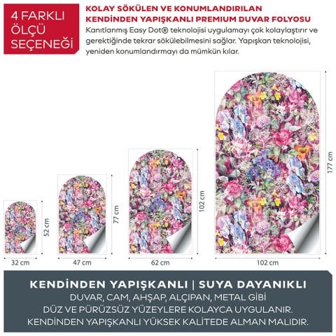 Kendinden Yapışkanlı Oval Kesim Pembe Çiçekler Duvar Kağıdı Stickeri 45x75cm