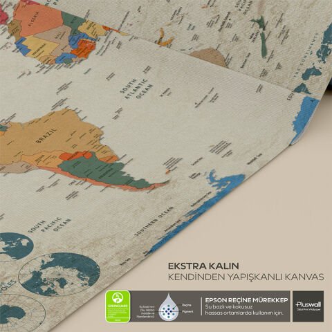 Güncel, Detaylı ve Anlaşılır Siyasi Dünya Haritası, Kendinden Yapışkanlı Kalın Kanvas Duvar Dekoru 140x70