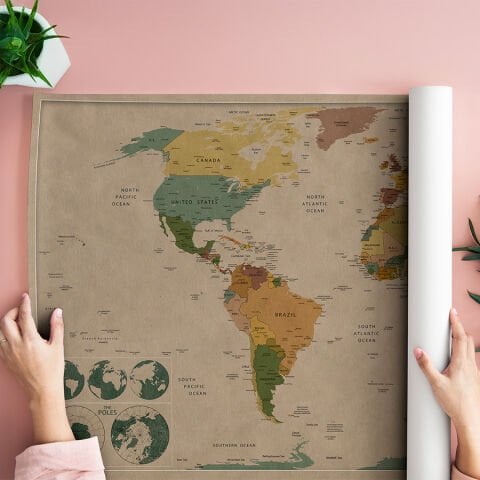 Dünya Haritası Kendinden Yapışkanlı Kanvas Duvar Kağıdı, Kalın Kanvas Duvar Dekoru
