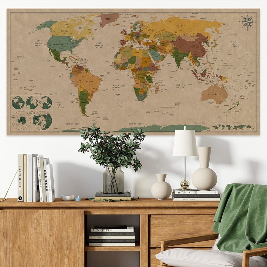 Dünya Haritası Kendinden Yapışkanlı Kanvas Duvar Kağıdı, Kalın Kanvas Duvar Dekoru