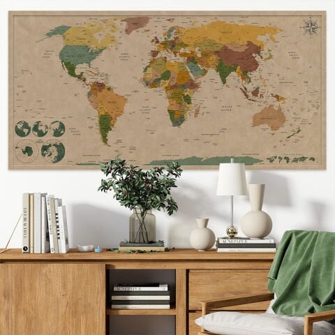 Dünya Haritası Kendinden Yapışkanlı Kanvas Duvar Kağıdı, Kalın Kanvas Duvar Dekoru