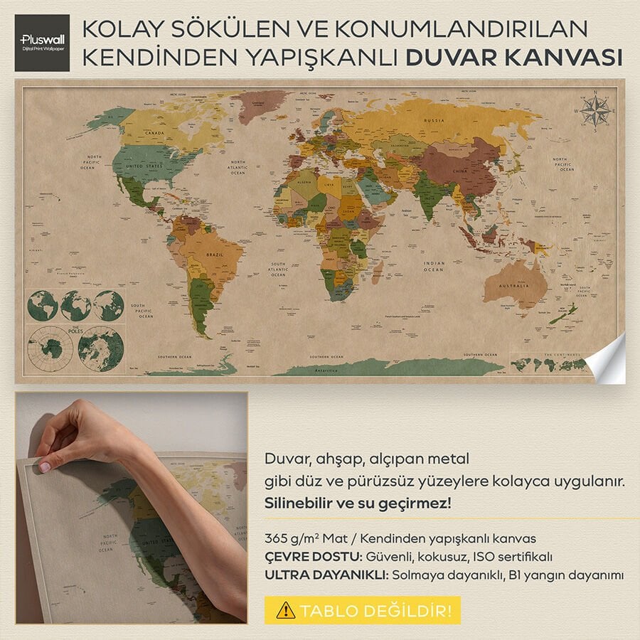 Dünya Haritası Kendinden Yapışkanlı Kanvas Duvar Kağıdı, Kalın Kanvas Duvar Dekoru