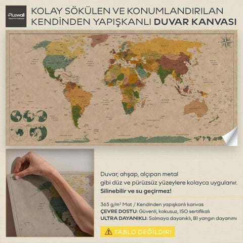 Dünya Haritası Kendinden Yapışkanlı Kanvas Duvar Kağıdı, Kalın Kanvas Duvar Dekoru