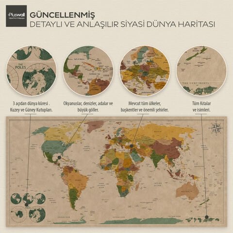 Dünya Haritası Kendinden Yapışkanlı Kanvas Duvar Kağıdı, Kalın Kanvas Duvar Dekoru