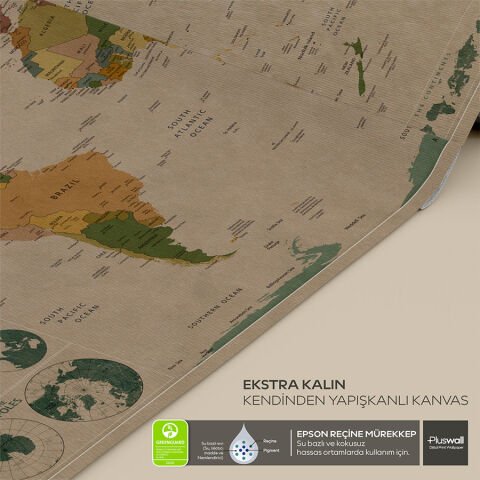 Dünya Haritası Kendinden Yapışkanlı Kanvas Duvar Kağıdı, Kalın Kanvas Duvar Dekoru 100x50