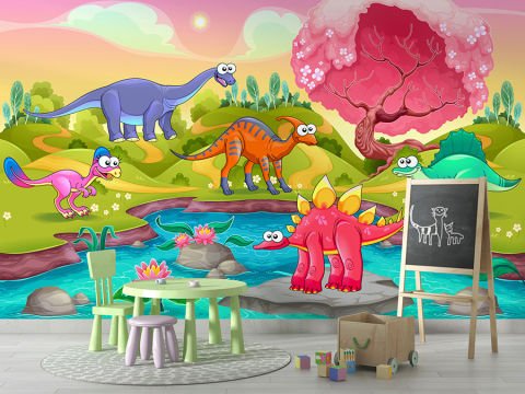 Komik ve Sevimli Dinozorlar Bebek Odası Duvar Kağıdı