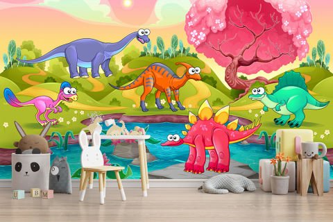 Komik ve Sevimli Dinozorlar Bebek Odası Duvar Kağıdı