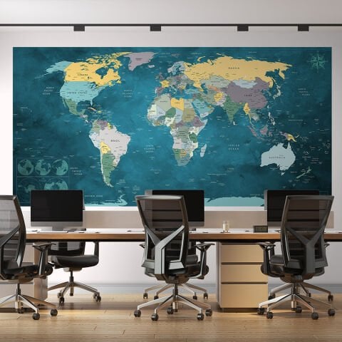 Detaylı Siyasi Dünya Haritası, Kendinden Yapışkanlı Kanvas, Seyahat Temalı Duvar Sanatı