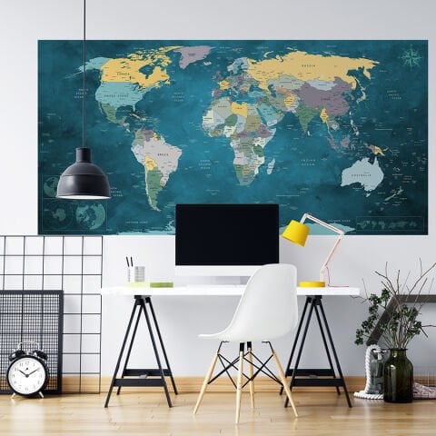 Detaylı Siyasi Dünya Haritası, Kendinden Yapışkanlı Kanvas, Seyahat Temalı Duvar Sanatı