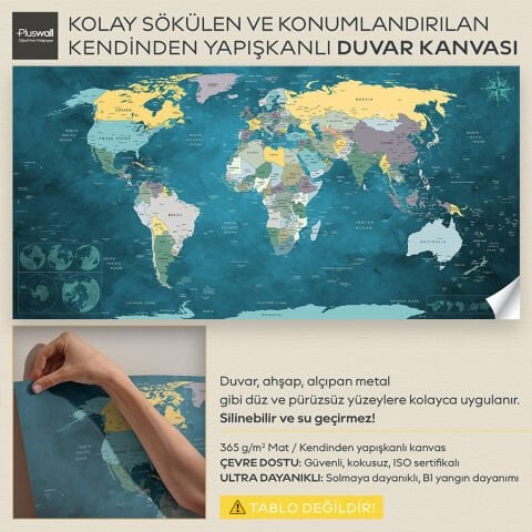 Detaylı Siyasi Dünya Haritası, Kendinden Yapışkanlı Kanvas, Seyahat Temalı Duvar Sanatı