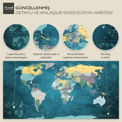 Detaylı Siyasi Dünya Haritası, Kendinden Yapışkanlı Kanvas, Seyahat Temalı Duvar Sanatı