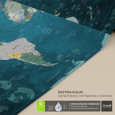 Detaylı Siyasi Dünya Haritası, Kendinden Yapışkanlı Kanvas, Seyahat Temalı Duvar Sanatı