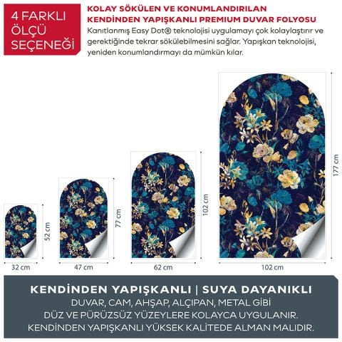 Kendinden Yapışkanlı Oval Kesim Rustik Çiçekler Duvar Kağıdı Stickeri 30x50cm