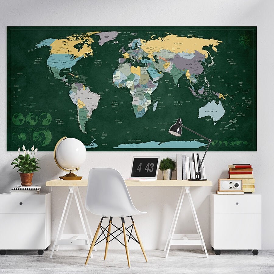 Detaylı Siyasi Dünya Haritası, Kendinden Yapışkanlı Kalın Kanvas, Büyük Boy Dünya Haritası