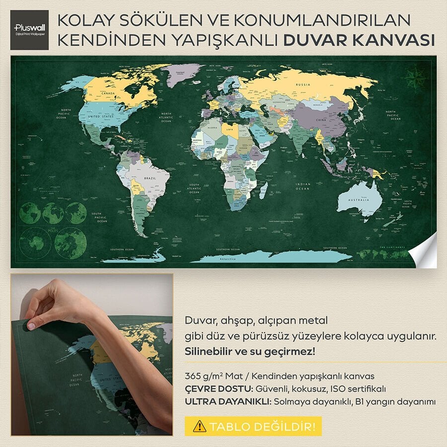 Detaylı Siyasi Dünya Haritası, Kendinden Yapışkanlı Kalın Kanvas, Büyük Boy Dünya Haritası