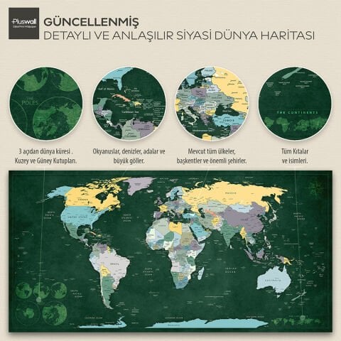Detaylı Siyasi Dünya Haritası, Kendinden Yapışkanlı Kalın Kanvas, Büyük Boy Dünya Haritası