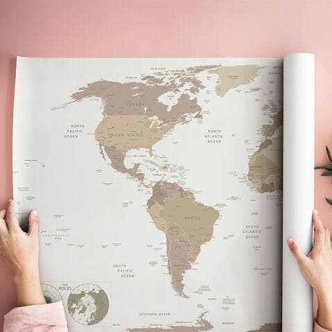 Detaylı Dünya Haritası, Kendinden Yapışkanlı Kalın Kanvas, Boho Çocuk Odası Dekorasyonu