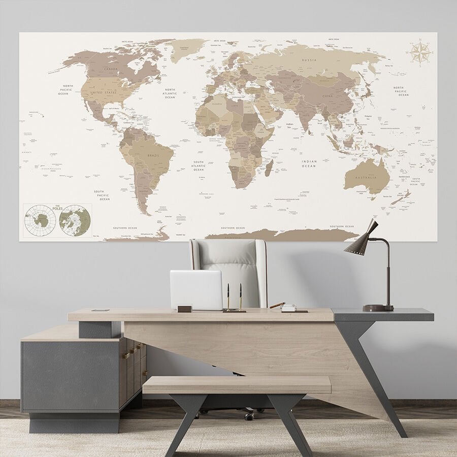 Detaylı Dünya Haritası, Kendinden Yapışkanlı Kalın Kanvas, Boho Çocuk Odası Dekorasyonu