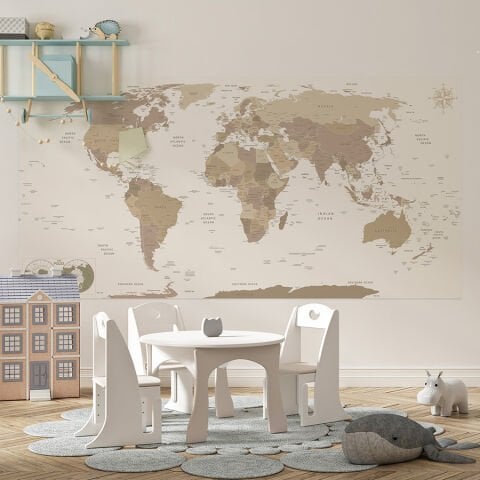 Detaylı Dünya Haritası, Kendinden Yapışkanlı Kalın Kanvas, Boho Çocuk Odası Dekorasyonu